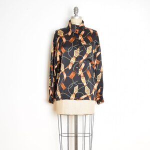 vintage 80s silk blouse black scarf print secretary top shirt equestrian M